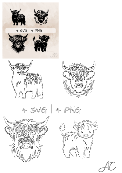 Highland cow SVG PNG bundle showcases hand-drawn floral clipart of adult cows and calves in detailed silhouette and outline styles.
