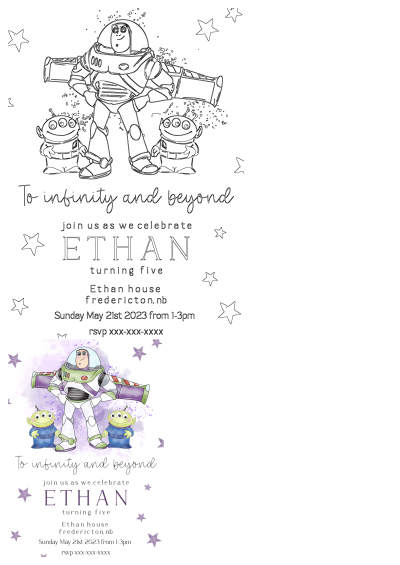Toy Story birthday invitation featuring Buzz Lightyear and aliens. Includes a black and white outline and a colorful watercolor illustration.