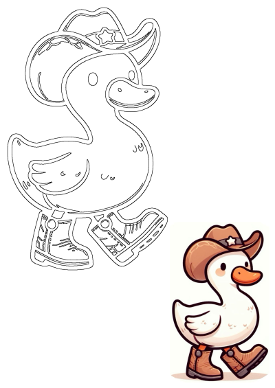 Cute white cartoon duck character wearing a brown cowboy hat with a star emblem and matching brown western boots, depicted walking.
