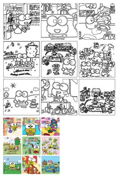 A diverse collection of Keroppi scenes: outlines and colored versions showing shopping, reading, sweets, and outdoor activities with friends.