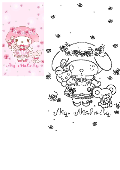 My Melody wearing a pink rose crown and dress, holding a bunny, with a cute teddy bear, on a lovely pink background. Includes an outline version.