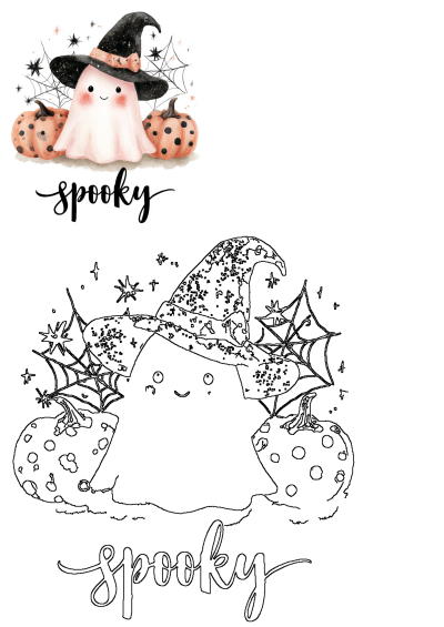 Cute watercolor Halloween ghost in a witch hat with pumpkins and spiderwebs, plus an outline version and 'spooky' text.
