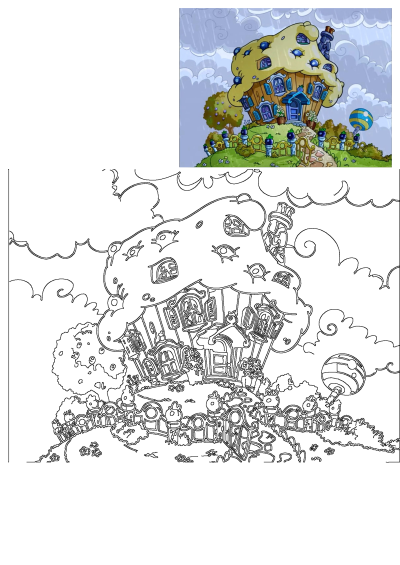 A whimsical cartoon blueberry muffin house sits on a green hill under a rainy sky, surrounded by blueberry bushes and a giant lollipop.