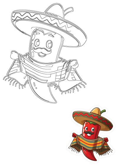 A fun red pepper character with a sombrero, mustache, and poncho. Features a detailed outline drawing and a vibrant colored version.