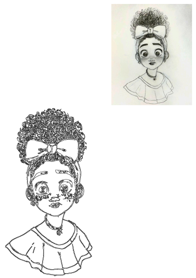A cute cartoon girl with curly hair and a big bow, wearing a ruffled top. Includes original pencil sketch and a clean outline drawing.