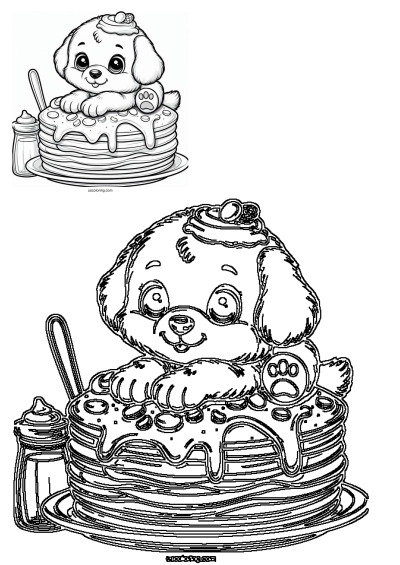 Cute puppy sits on a stack of syrup-covered pancakes with berries, a spoon, and a dispenser. Free printable PDF for kids to color.