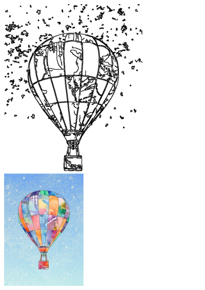 A vibrant, patchwork-style watercolor hot air balloon floats gracefully against a soft blue sky shimmering with delicate snowflakes.