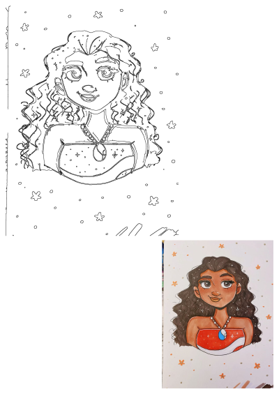 Moana cartoon character drawing with vibrant colors, curly hair, blue shell necklace, and red top. Includes an uncolored outline version.