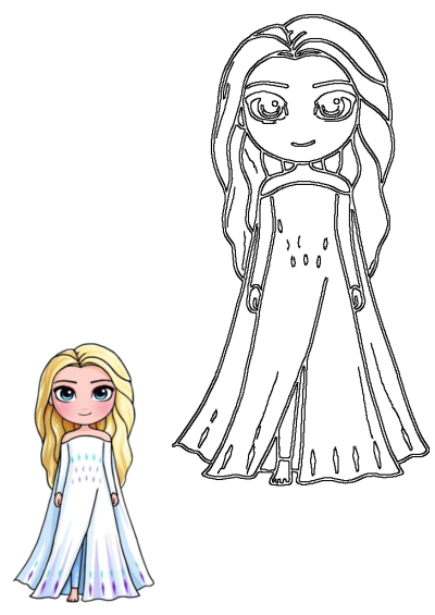 Cartoon Elsa from Frozen in a white dress, featuring a colorful character alongside a detailed line art for coloring fun.