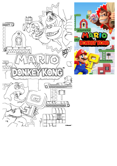 Mario Vs Donkey Kong Battle For Mini Marios game art featuring Donkey Kong with a Mini Mario and Mario with a key, plus an outline drawing.