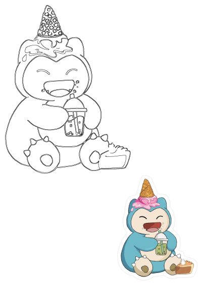 Adorable Snorlax sticker with a melting ice cream cone on its head, happily sipping bubble tea next to a slice of pie.