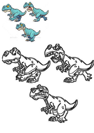Cartoon blue dinosaurs showcasing angry poses and expressions. Includes full-color versions and matching black outlines for creative projects.