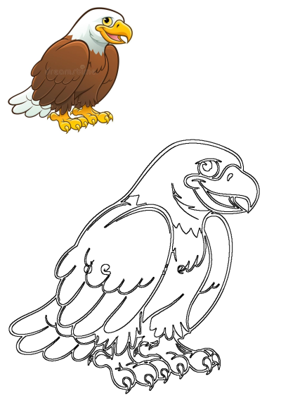 A cheerful cartoon eagle with brown feathers, white head, open beak, and wide eyes, shown sitting, with its outline version below.