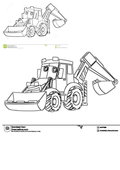 A cute cartoon bulldozer line art drawing for kids. This friendly construction vehicle features a front loader and backhoe.
