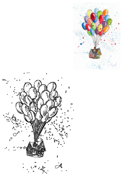 A whimsical watercolor illustration of a colorful house soaring in the sky, lifted by a large cluster of vibrant balloons with paint splatters.