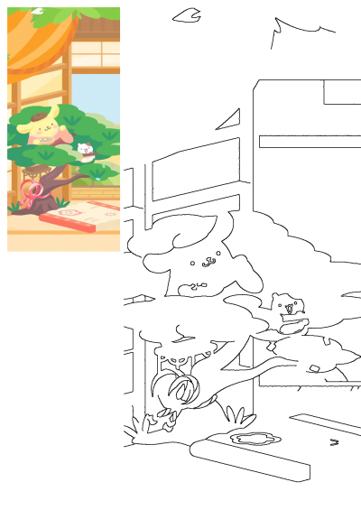 Cartoon Tree With Animals Shining Window featuring Pompompurin, a small hamster, a decorative scroll, and a pink ribbon in a cozy room.