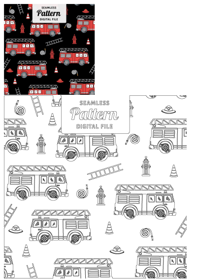 A vibrant seamless pattern of red firetrucks, traffic cones, fire hydrants, and hoses on black, with an accompanying outline version for kids.