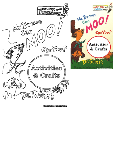 Dr. Seuss's 'Mr. Brown Can Moo! Can You?' Activities & Crafts book cover, featuring a colorful scene and a bonus outline for crafting.