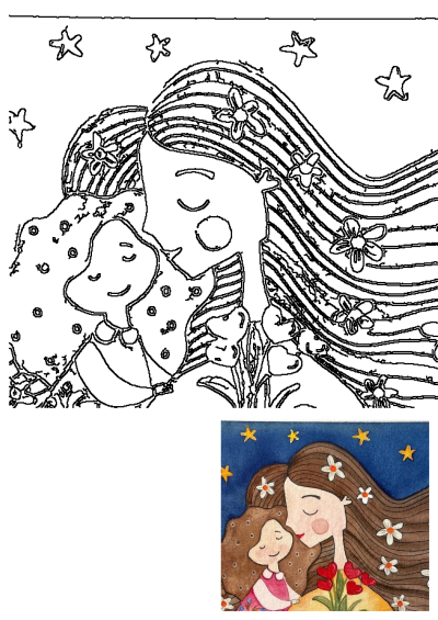 A heartwarming painting of a mother tenderly kissing her child's cheek under a starry night sky with flowers.