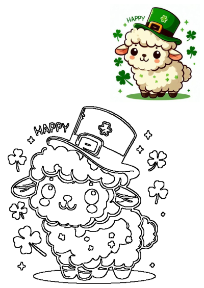 Cute St. Patrick's Day sheep wearing a leprechaun hat surrounded by clovers, featuring a colored illustration and outline drawing.