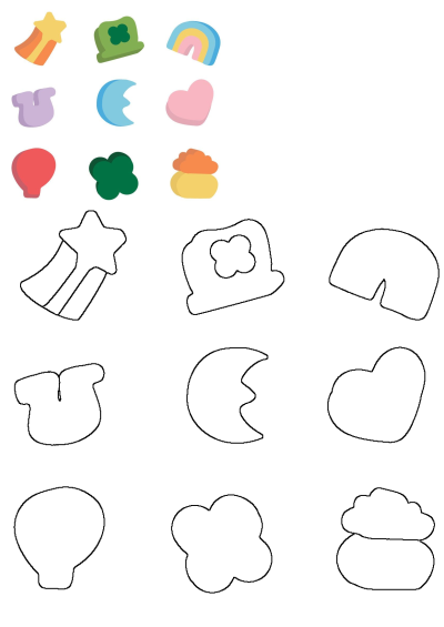 Vibrant marshmallow shapes like stars, rainbows, hearts, and shamrocks alongside their outlines, ideal for coloring or crafts.