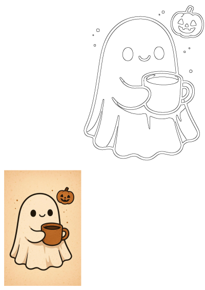 A cute, smiling ghost enjoys a warm coffee next to a happy jack-o'-lantern pumpkin. Perfect Halloween illustration with a cozy, friendly vibe.