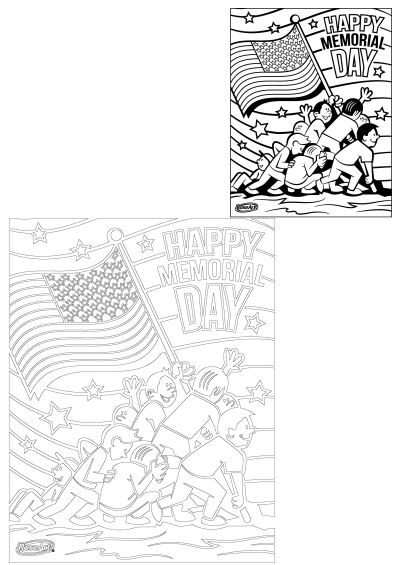 Happy Memorial Day outline featuring kids raising a patriotic American flag, surrounded by stars. Ideal for holiday activities.