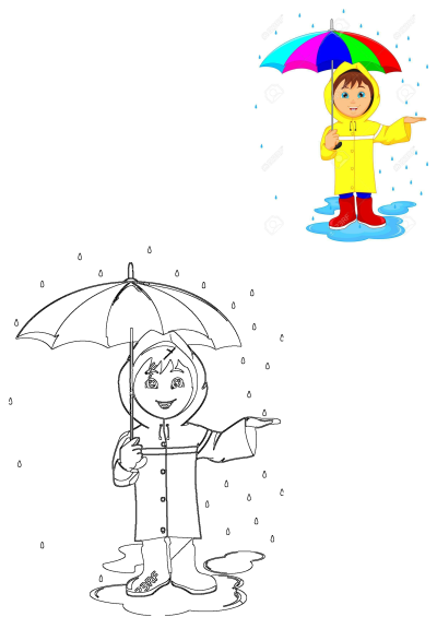 A cheerful cartoon boy in a yellow raincoat and red boots holds a vibrant rainbow umbrella, standing in puddles as rain falls. Includes line art.