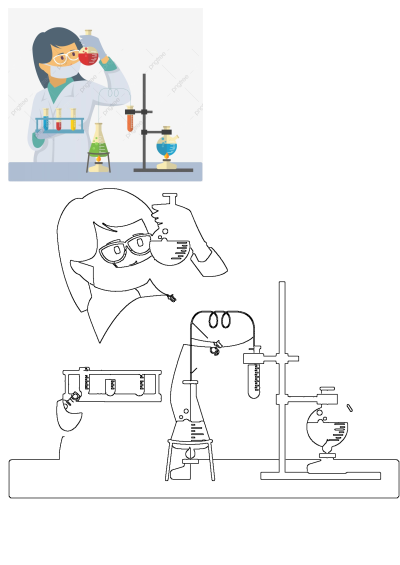 Illustration of a woman in a lab coat, goggles, and mask performing scientific research with beakers, flasks, and test tubes.