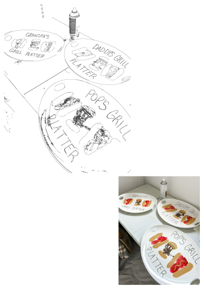 Handpainted personalized grill platters for Dads, Grandpas, and Pops, featuring hot dogs and burgers, perfect for Father's Day.