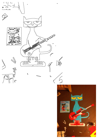 Pete the Cat paper craft playing a red guitar on the floor, next to a Pete the Cat book, showcasing a fun DIY project.