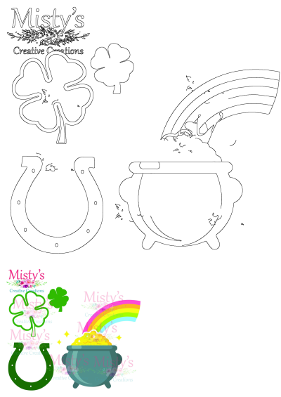 St. Patrick's Day clipart featuring a pot of gold, rainbow, lucky horseshoe, and various shamrock clovers.