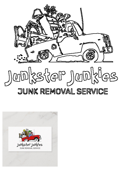 Junkster Junkies logo featuring a red truck overloaded with items, driven by a person in a cowboy hat, for professional junk removal service.