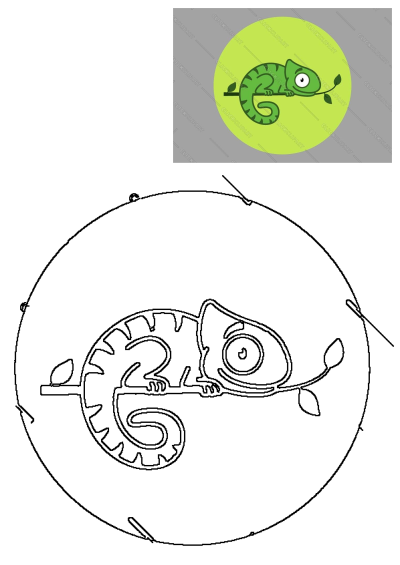 Cute cartoon green chameleon with wide eyes perched on a leafy branch. A simple line art illustration perfect for kids to color.