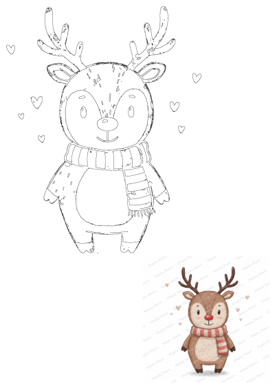 Cute cartoon reindeer in a striped scarf surrounded by hearts. Includes both a black and white outline and a vibrant colored illustration.
