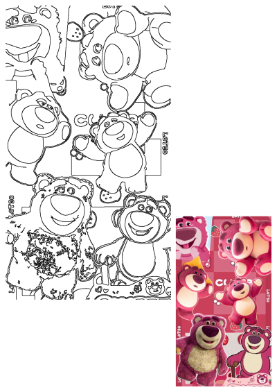 A vibrant Lotso Bear collage featuring multiple poses on a cute strawberry background, alongside black and white outlines.