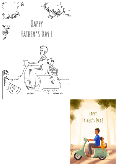Happy Father's Day illustration: a father and daughter enjoy a scooter ride, smiling on a sunny path. A heartwarming family moment.