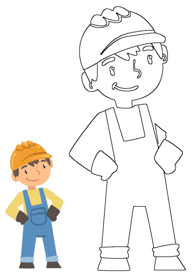 A cheerful cartoon construction worker wearing an orange helmet and blue overalls, alongside its detailed black-and-white outline.