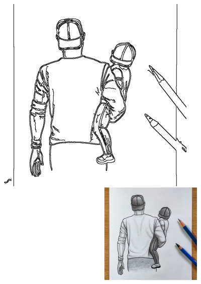 A tender pencil drawing of a father holding his child, seen from the back. Captures a heartwarming family moment with art supplies visible.