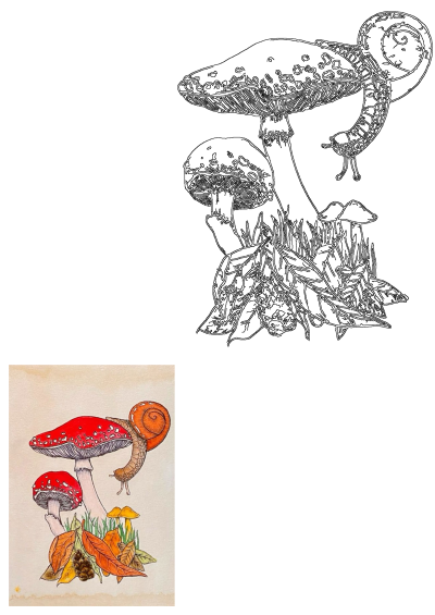 A vibrant fall artwork featuring mushrooms, a snail, colorful autumn leaves, and acorns. Also includes a detailed line art drawing.