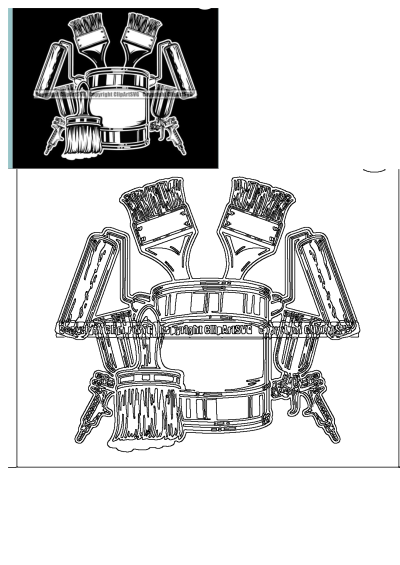Black and white drawing of paintbrushes, buckets, paint rollers, and spray guns, depicting various painting tools.