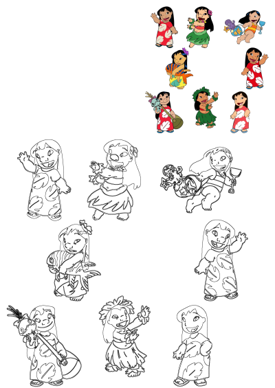 Lilo Pelekai in colorful Hawaiian outfits (hula, red dress, swimsuit) and expressive poses, with identical outlines for drawing.