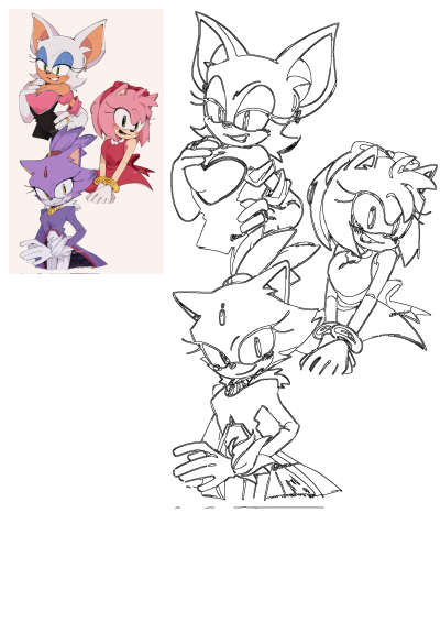 Three Sonic characters, Rouge the Bat, Amy Rose, and Blaze the Cat, presented as both vibrant digital art and clean line art sketches.