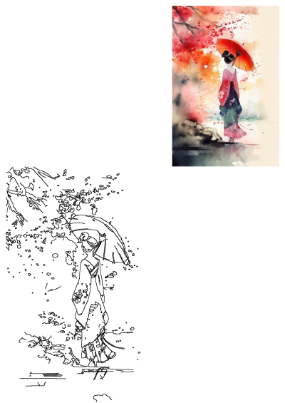 A serene watercolor artwork featuring a woman in a beautiful kimono, holding a vibrant red umbrella amidst falling red blossoms.