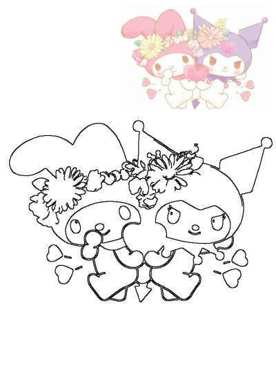 My Melody and Kuromi share a loving hug, adorned with flower crowns and surrounded by hearts, shown in both color and as a detailed outline.