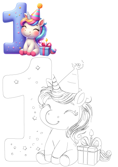 Adorable unicorn in a party hat celebrating its first birthday with a purple number one and gift, alongside its outline version for coloring fun.