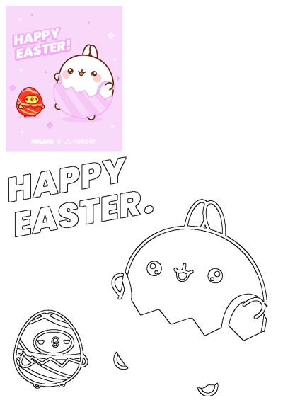 Cute Molang Easter character peeks from a pink egg, with a smaller red egg and 'Happy Easter!' text. Includes an outline version for activities.