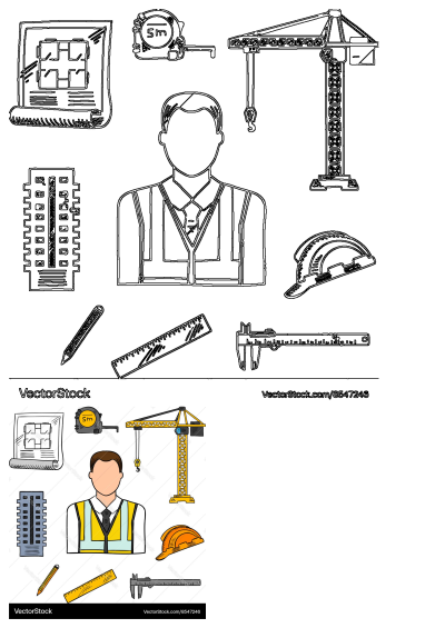 Flat style and outline vector construction worker icons set with tools like crane, blueprint, hard hat, measuring tape, and ruler.