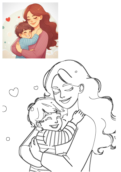 A heartwarming illustration of a mother and child hugging affectionately, surrounded by floating hearts, depicting deep love and happiness.