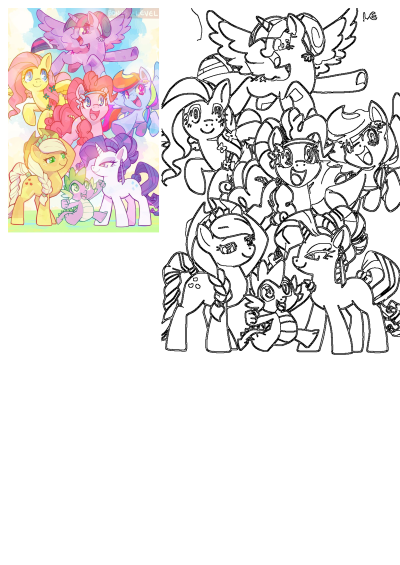 My Little Pony cartoon group drawing with main characters Twilight Sparkle, Pinkie Pie, Fluttershy, Applejack, Rarity, Rainbow Dash, Spike.